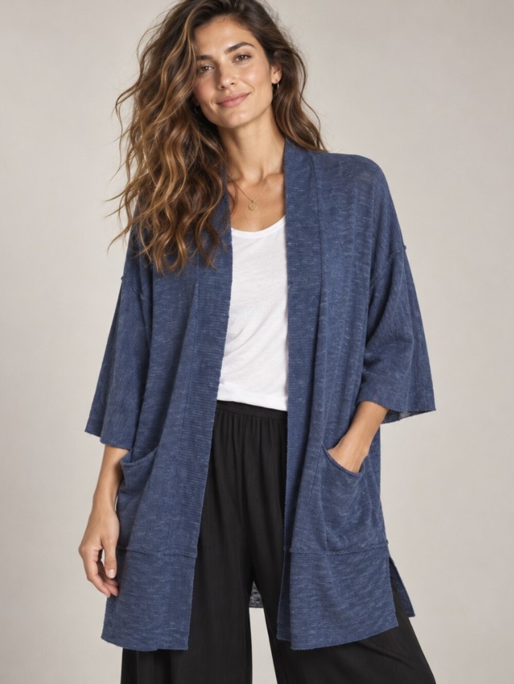 Eileen Fisher Linen Blend Long Cardigan Open Front Blue Pockets Size S/M